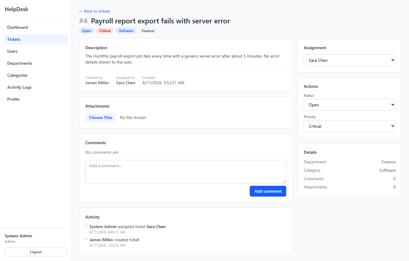 HelpDesk ticket detail view with comments and activity timeline